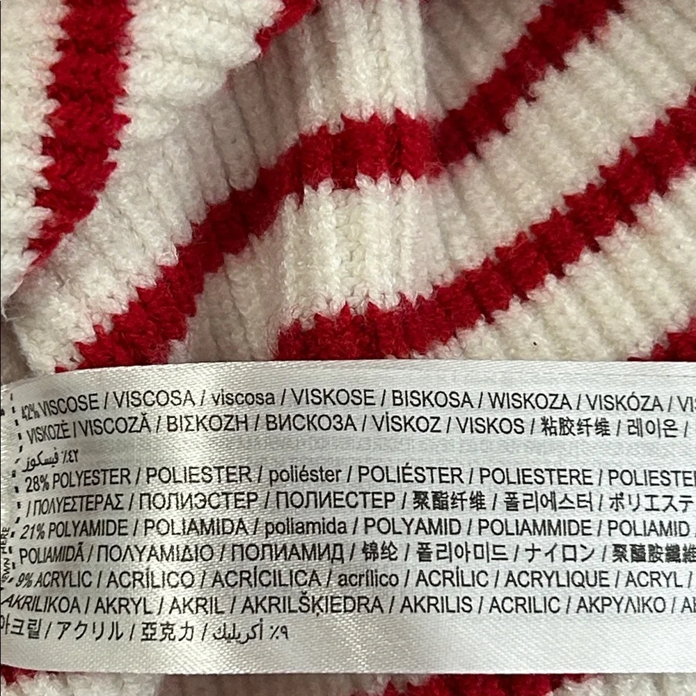 Mango White and Red Striped V-Neck Sweater